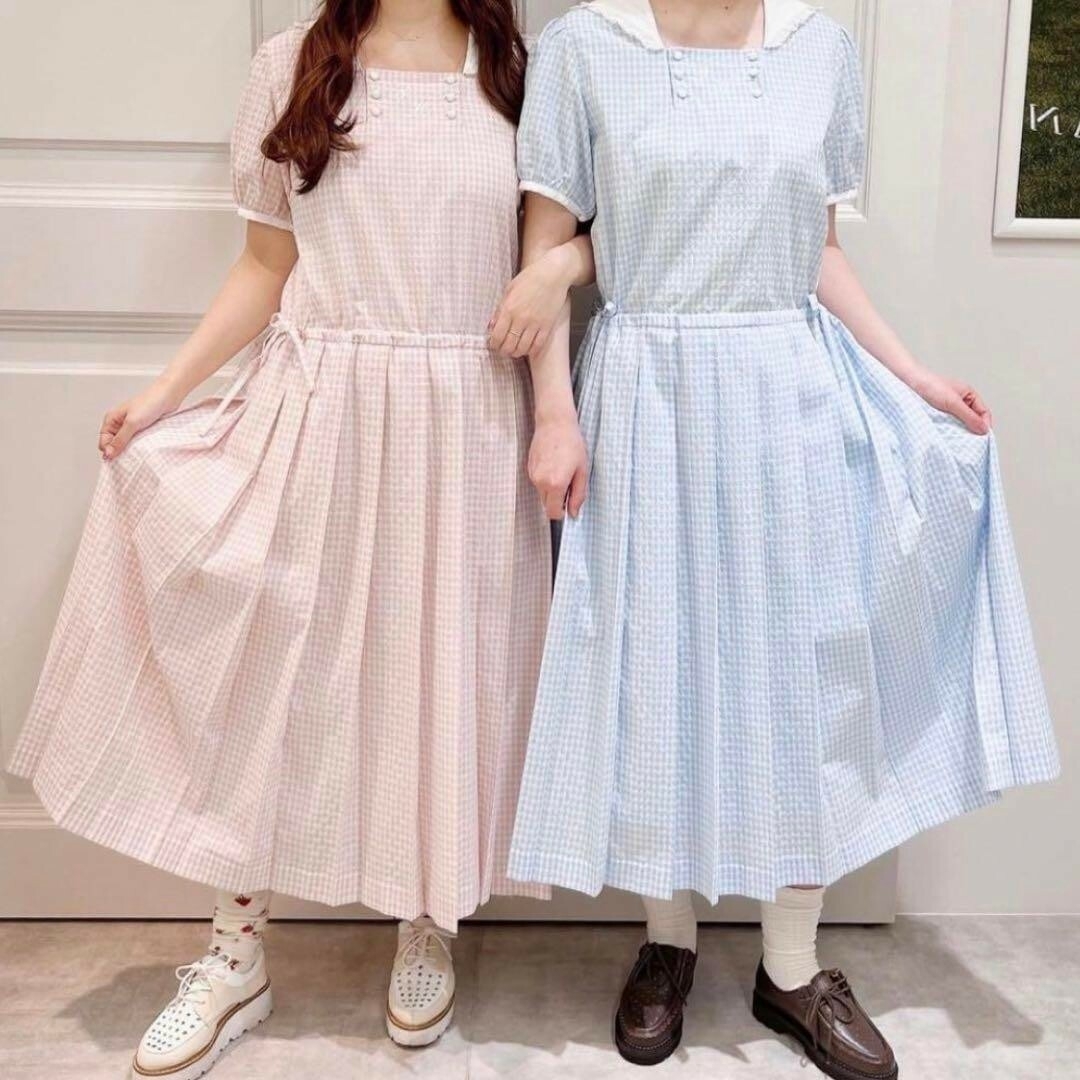 ピンクハウスセーラーワンピース綿ローンピコフリル水色くるみボタン ピンクハウスセーラーワンピース綿ローンピコフリル水色くるみボタン
