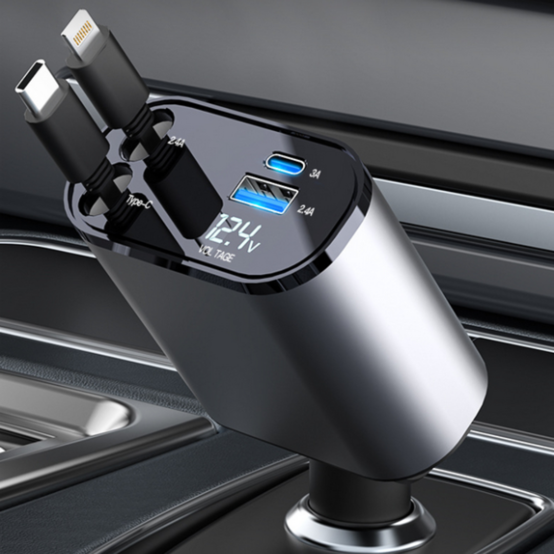 4in1 シガーソケット 車載充電器 巻取り式ケーブル USB-C 急速充電 自動車/バイクの自動車(車内アクセサリ)の商品写真