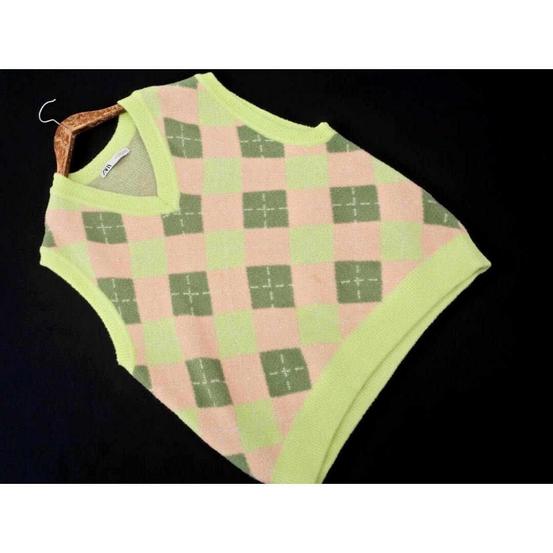 ZARA - ZARA ザラ Vネック アーガイル ニット ベスト sizeS/黄緑 ZARA - ZARA ザラ Vネック アーガイル ニット ベスト sizeS/黄緑