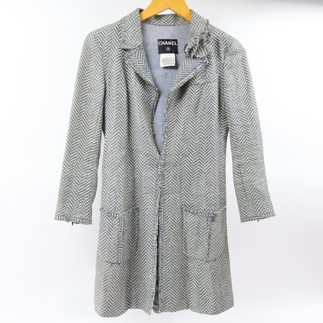 CHANEL - 極美品 CHANEL シャネル 服 アウター コサージュ付き ココマーク ジャケット 38 ステンカラーコート リネン/コットン/ポリアミド ブルー【中古】