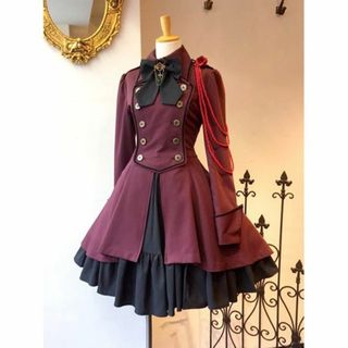 レディース 軍服ワンピース Mサイズ レッド(ひざ丈ワンピース)