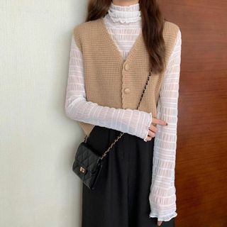 ニットベスト レディース 前あき ボタン付き V首 ノース ベージュ 韓国(ノーカラージャケット)