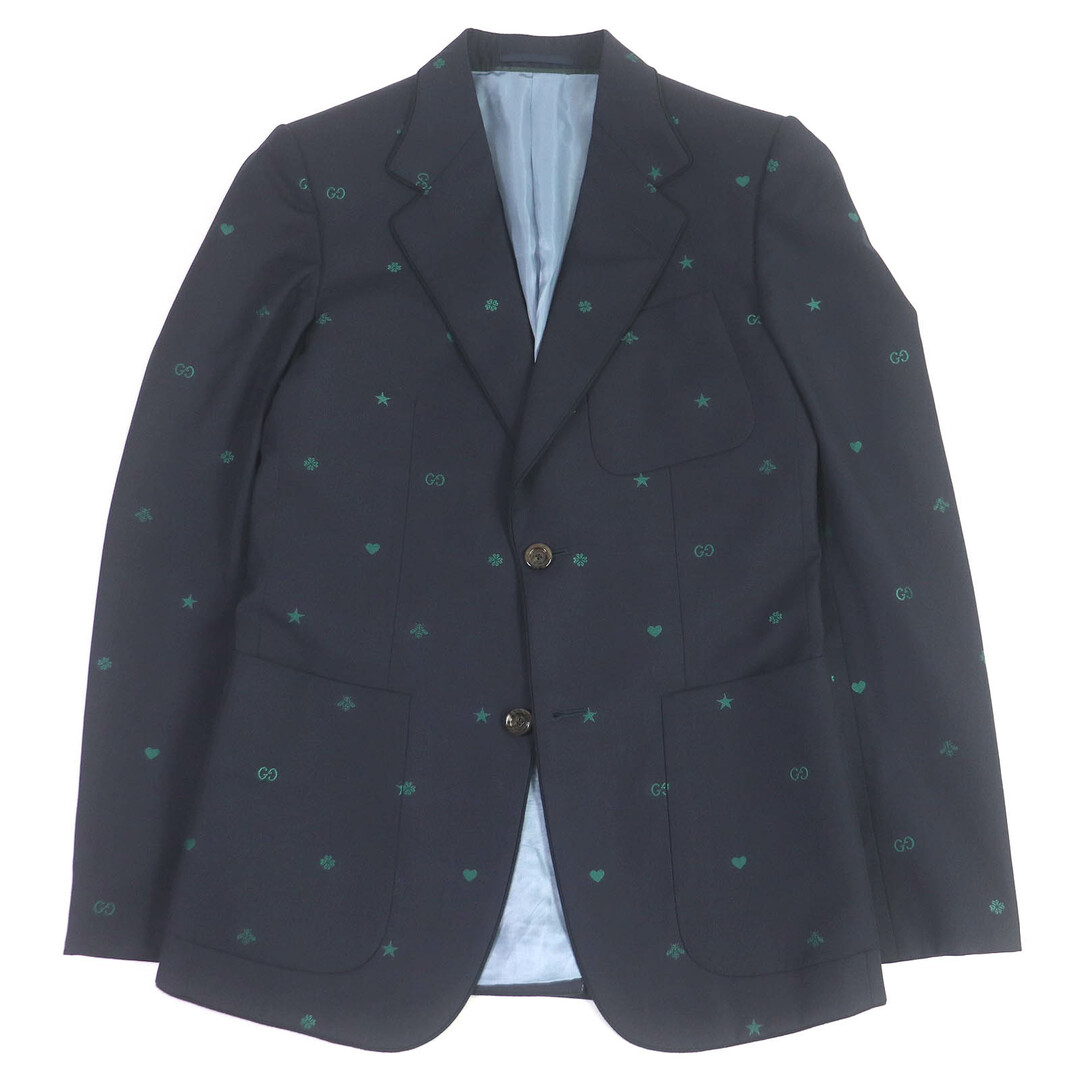 GUCCI - 極美品□GUCCI グッチ 581688 GGロゴ Bee エンブロイダリー ウール100％ シングル テーラードジャケット ブレザー ネイビー 44 メンズ