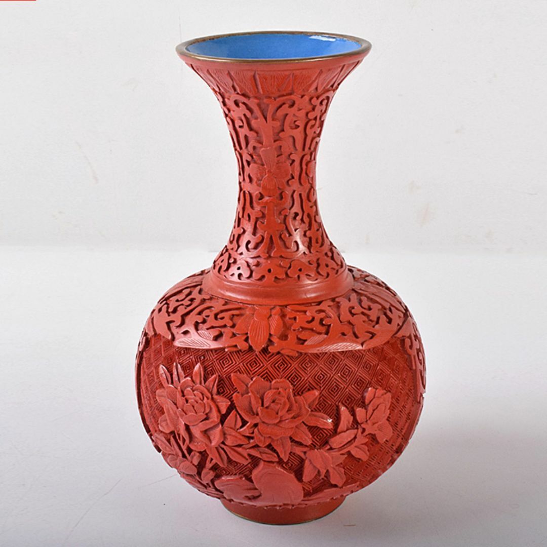 中国　剔紅　堆朱　内七宝　花文瓶　V　R7912