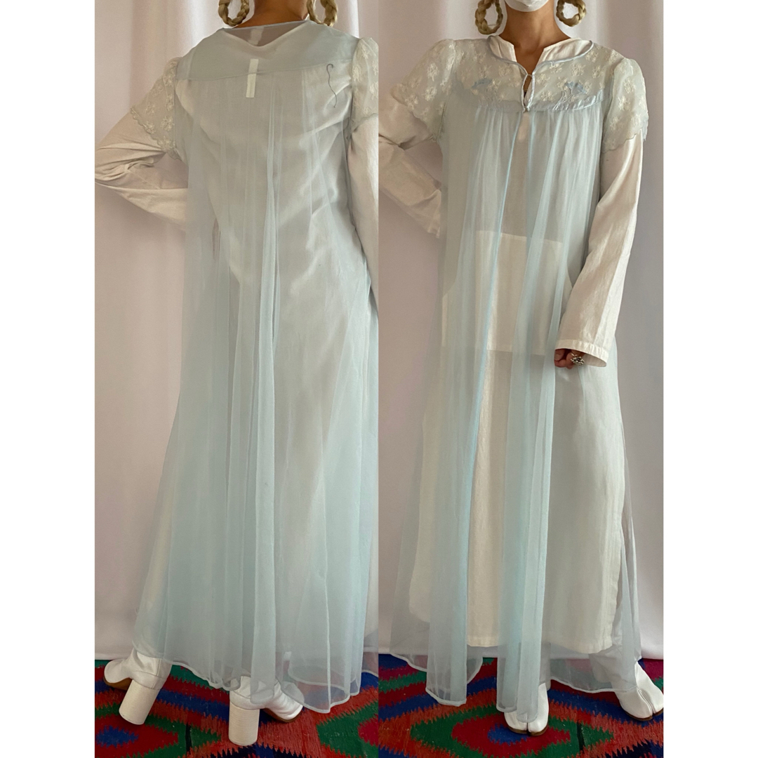 ビンテージ レース 70s シースルー 空色 花柄 ロングワンピース