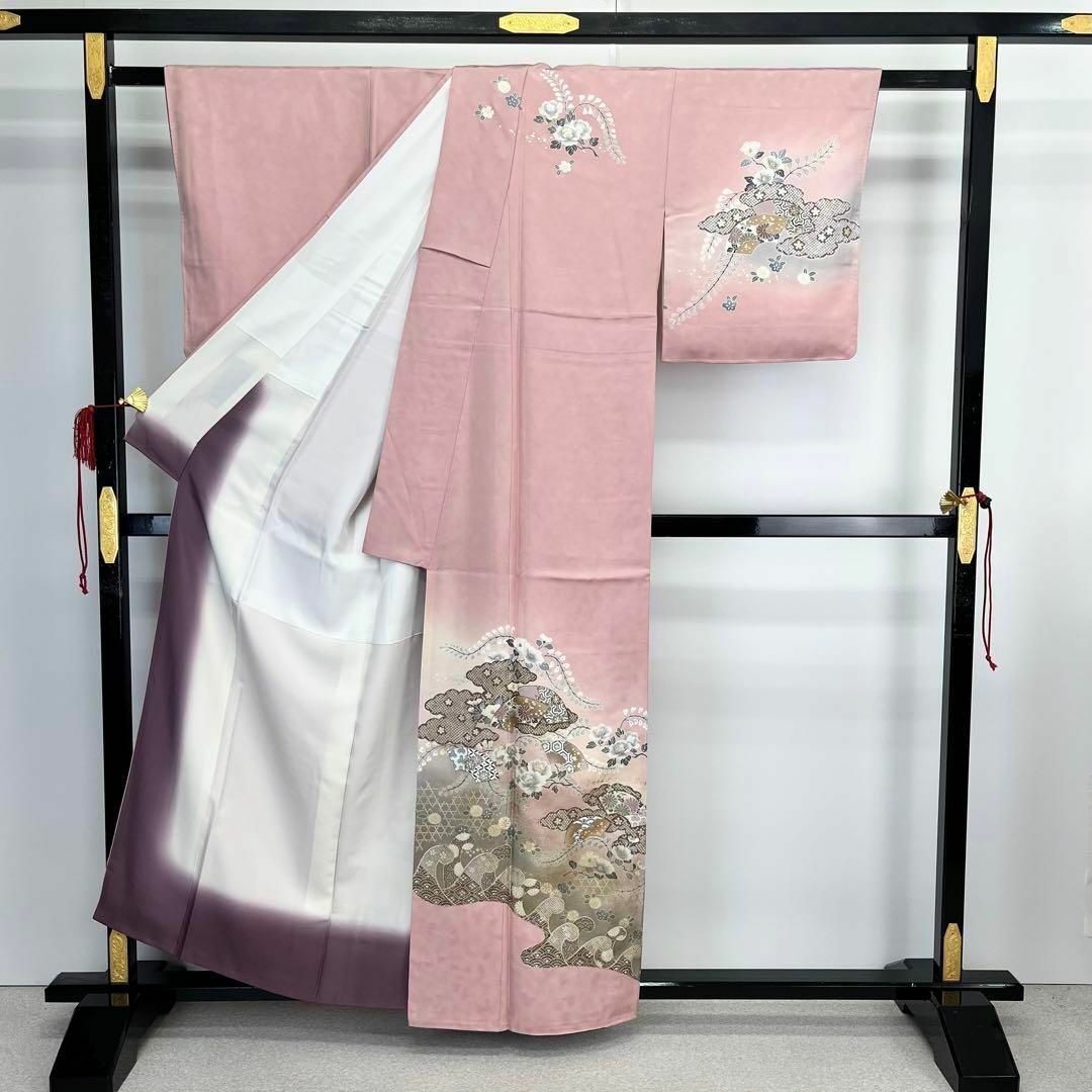 訪問着 波に雲模様 地紙 花柄模様 金彩 曙色 K-4070 訪問着 波に雲模様 地紙 花柄模様 金彩 曙色 K-4070