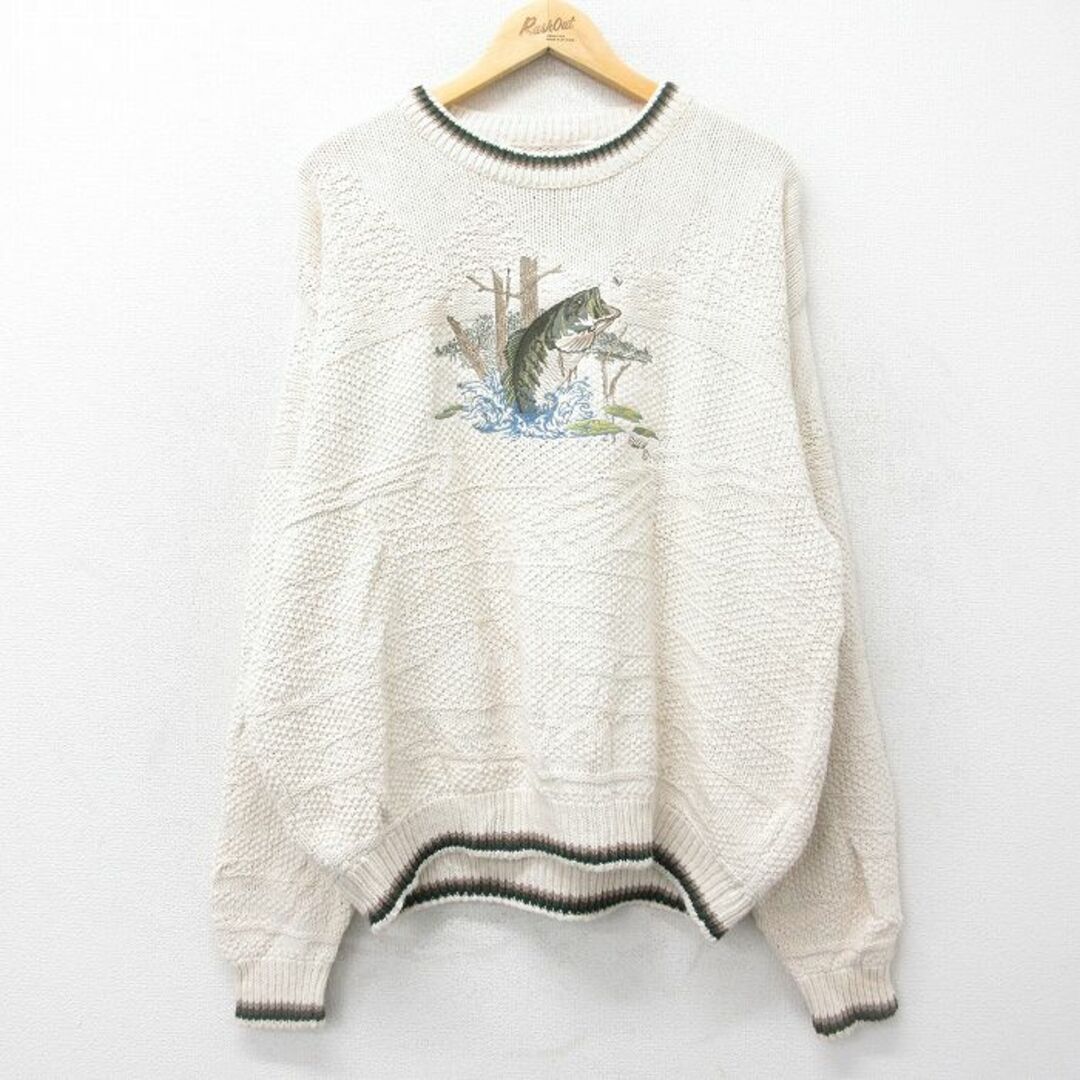 XL☆古着 長袖 セーター メンズ 90年代 90s 魚 刺繍 大きい XL☆古着 長袖 セーター メンズ 90年代 90s 魚 刺繍 大きい