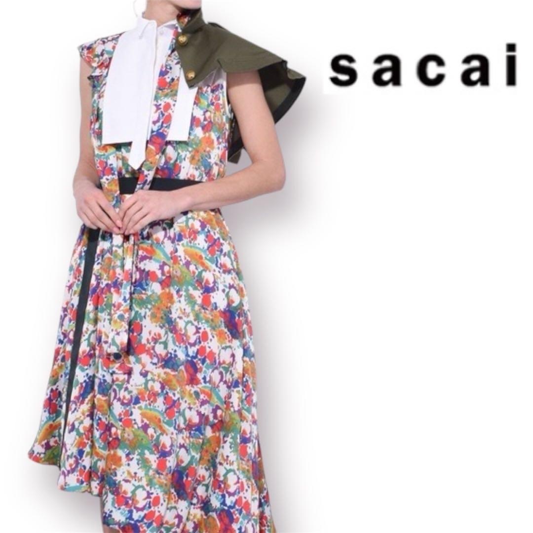 sacai - 【美品】 名作 希少sacai プリーツフラワーワンピース 切替ロングワンピース