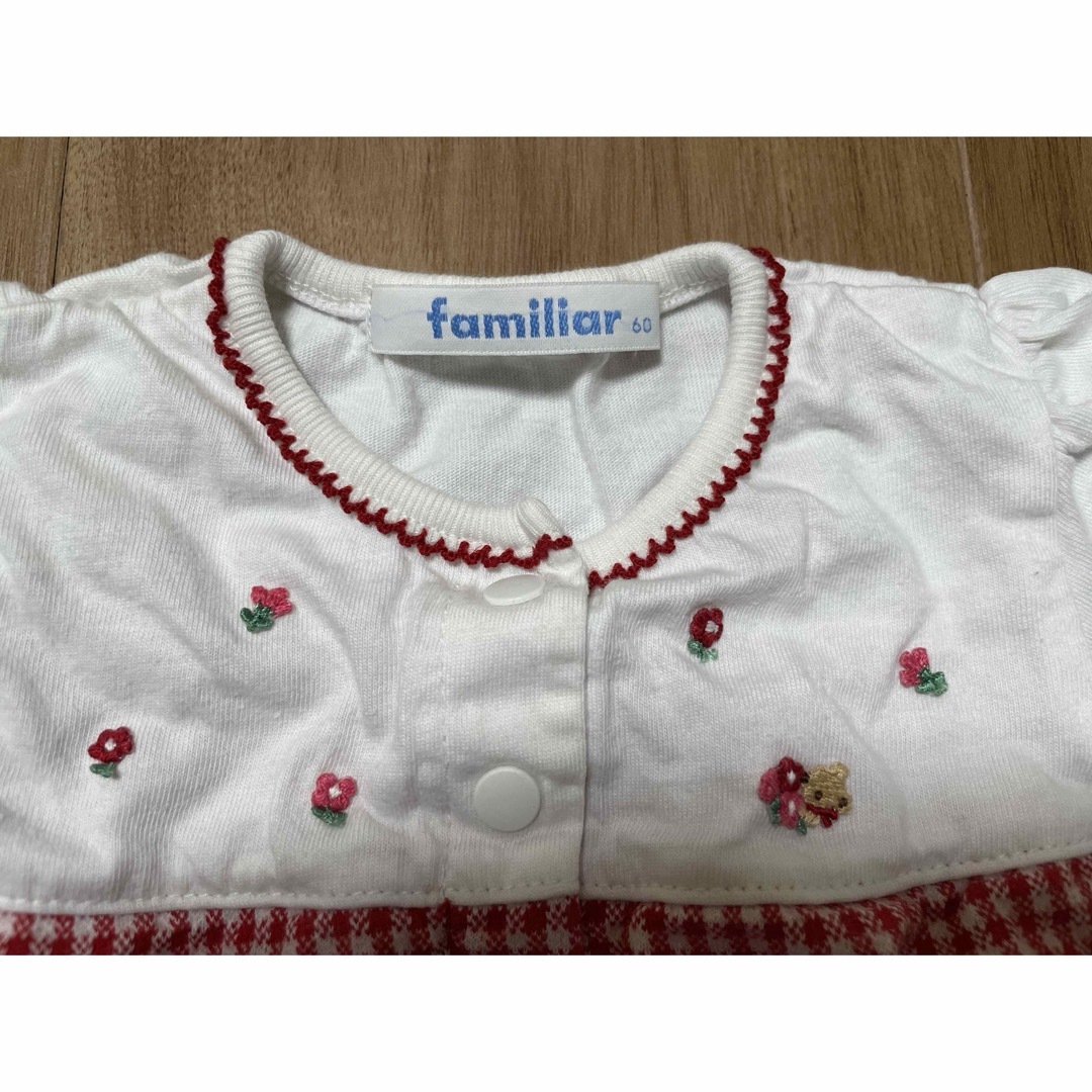 familiar - ファミリア ロンパース 60 2wayオール 赤チェック の familiar - ファミリア ロンパース 60 2wayオール 赤チェック の