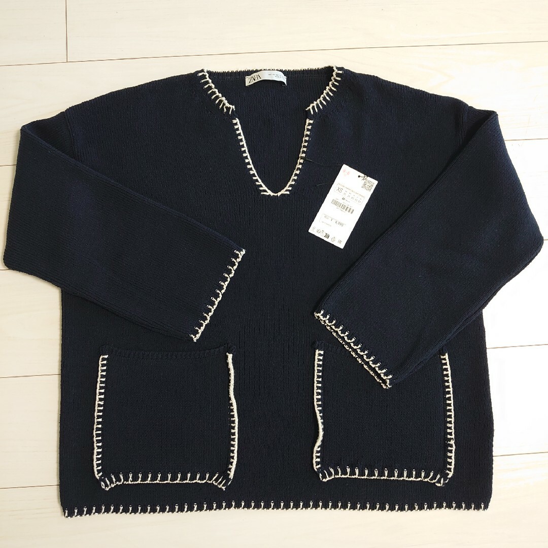 ZARA - ZARA トップ ステッチ ニット セーター ネイビー ブルー ZARA - ZARA トップ ステッチ ニット セーター ネイビー ブルー