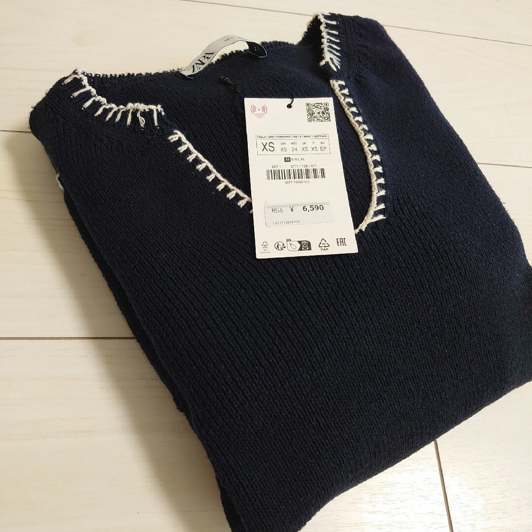 ZARA - ZARA トップ ステッチ ニット セーター ネイビー ブルー ZARA - ZARA トップ ステッチ ニット セーター ネイビー ブルー