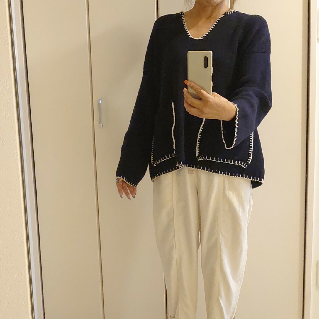 ZARA - ZARA トップ ステッチ ニット セーター ネイビー ブルー ZARA - ZARA トップ ステッチ ニット セーター ネイビー ブルー