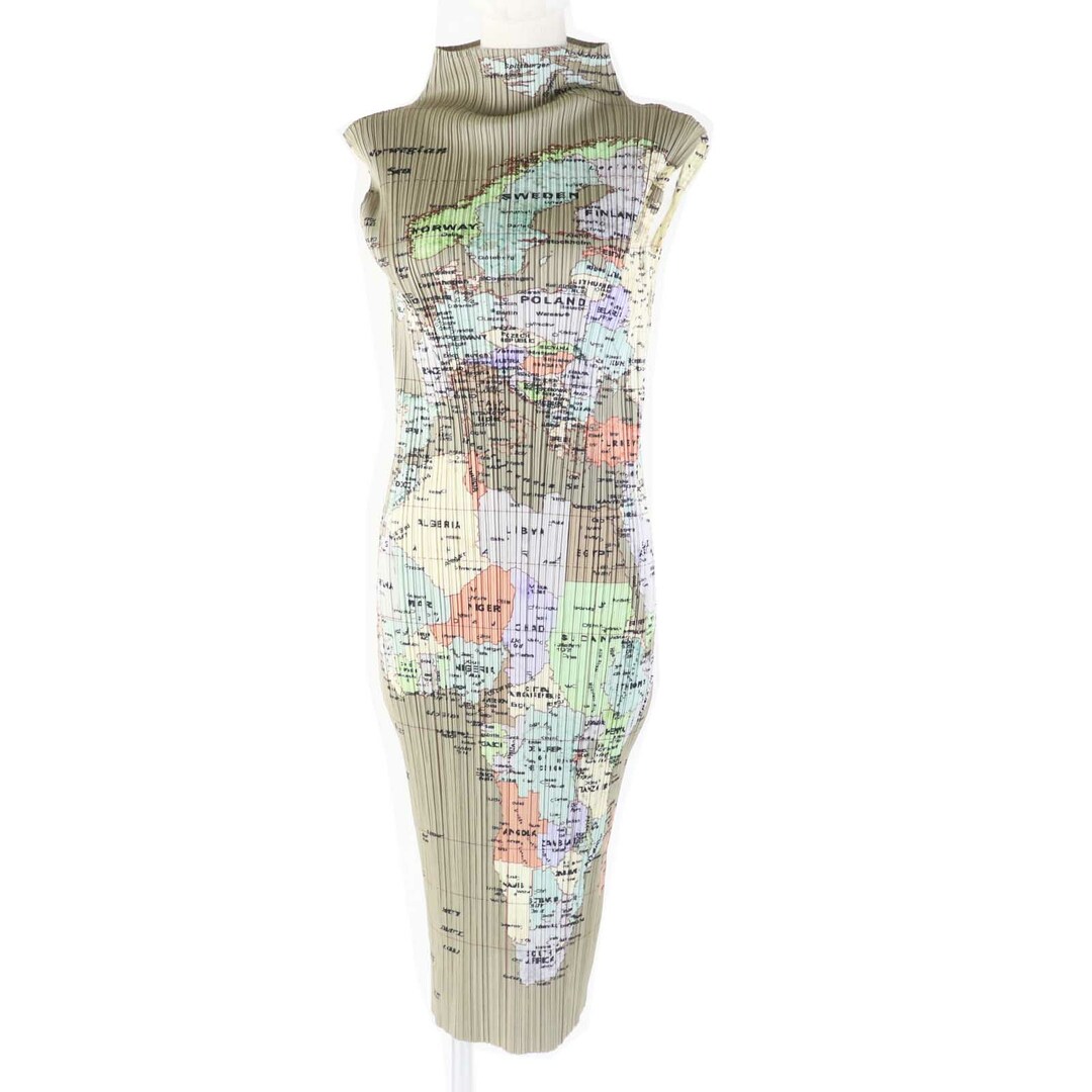 極美品◎PLEATS PLEASE プリーツプリーズ イッセイミヤケ PP81-JH596 ポリエステル 世界地図 WORLD MAP柄 ワンピース マルチ 2 日本製 正規品 レディース