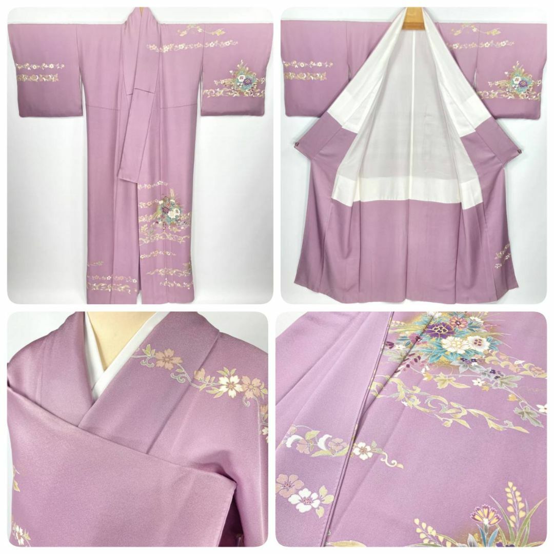 京友禅 金駒刺繍 本金箔 唐花 花柄 訪問着 袷 正絹 紫 藤色 京藤 京友禅 金駒刺繍 本金箔 唐花 花柄 訪問着 袷 正絹 紫 藤色 京藤
