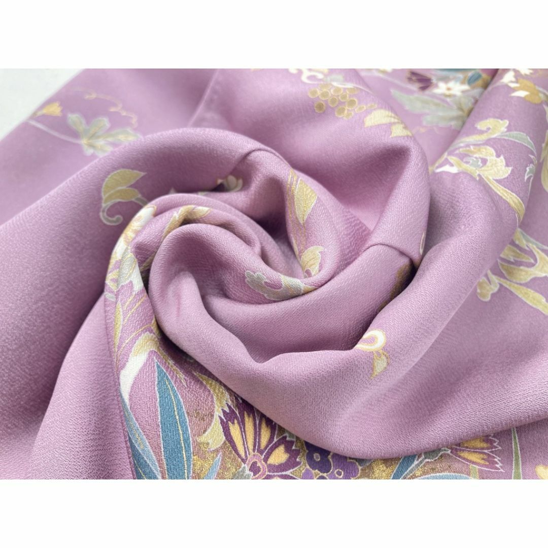 京友禅 金駒刺繍 本金箔 唐花 花柄 訪問着 袷 正絹 紫 藤色 京藤 京友禅 金駒刺繍 本金箔 唐花 花柄 訪問着 袷 正絹 紫 藤色 京藤