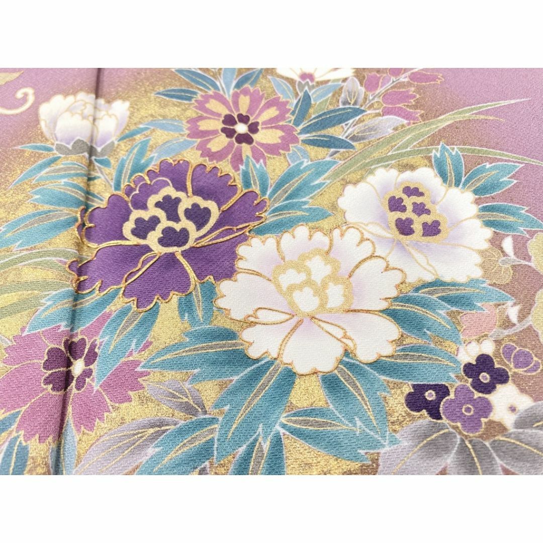 京友禅 金駒刺繍 本金箔 唐花 花柄 訪問着 袷 正絹 紫 藤色 京藤 京友禅 金駒刺繍 本金箔 唐花 花柄 訪問着 袷 正絹 紫 藤色 京藤