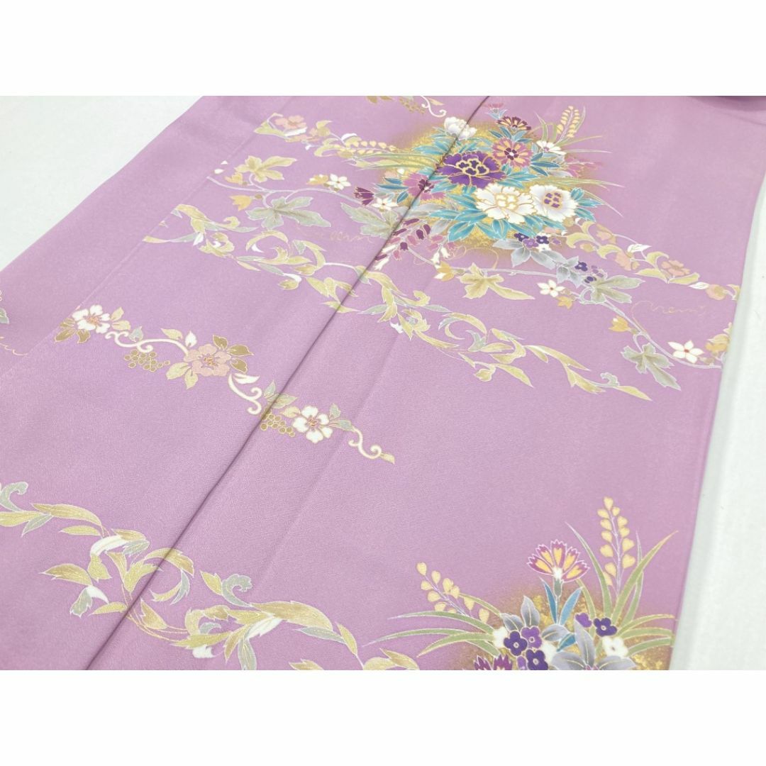 京友禅 金駒刺繍 本金箔 唐花 花柄 訪問着 袷 正絹 紫 藤色 京藤 京友禅 金駒刺繍 本金箔 唐花 花柄 訪問着 袷 正絹 紫 藤色 京藤
