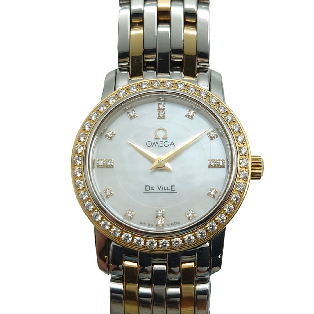 OMEGA - オメガ OMEGA デ・ヴィル DE VILLE 時計 クオーツ 丸 アナログ シンプル シック 華やか 上品 エレガント 高級感 繊細 きれいめ おしゃれ かわいい 気品 女性的 上質 優雅 ホワイト ゴールド シルバー SS ステンレススティール シェル文字盤 4375.7500 レディース 【中古 B品】☆送料無料☆ 当店通常価格298800円