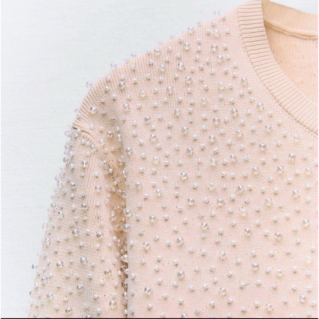ZARA - ZARA クリスタル ガラス ビジュー ニット ベビー ピンク ZARA - ZARA クリスタル ガラス ビジュー ニット ベビー ピンク