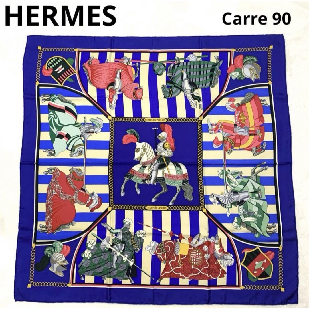 極美品 HERMES エルメス カレ90 シルクスカーフ 羽飾りの激突 極美品 HERMES エルメス カレ90 シルクスカーフ 羽飾りの激突