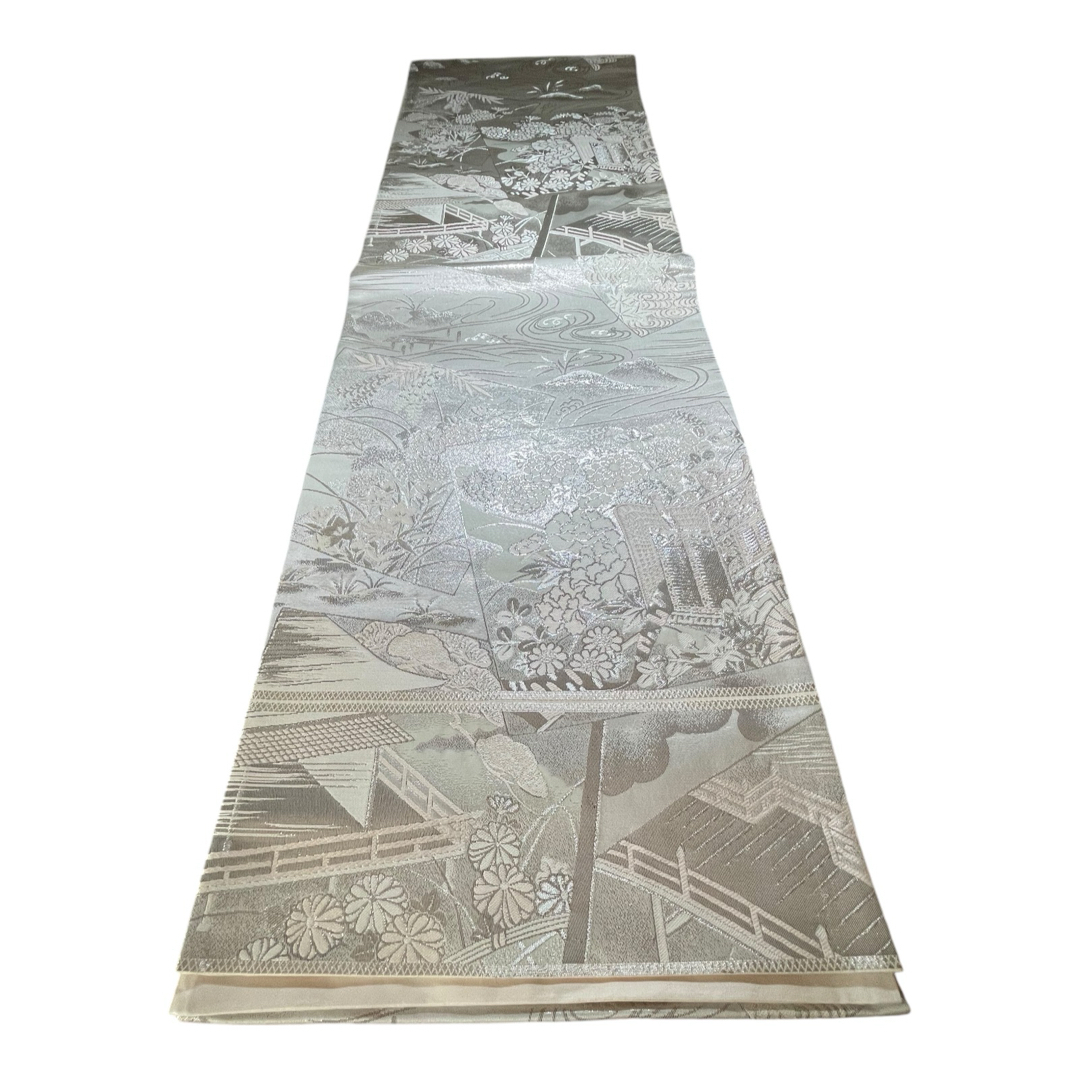 美品】 六通柄袋帯 草花流水模様 銀糸 シルバー系 黒留袖 色留袖 美品】 六通柄袋帯 草花流水模様 銀糸 シルバー系 黒留袖 色留袖