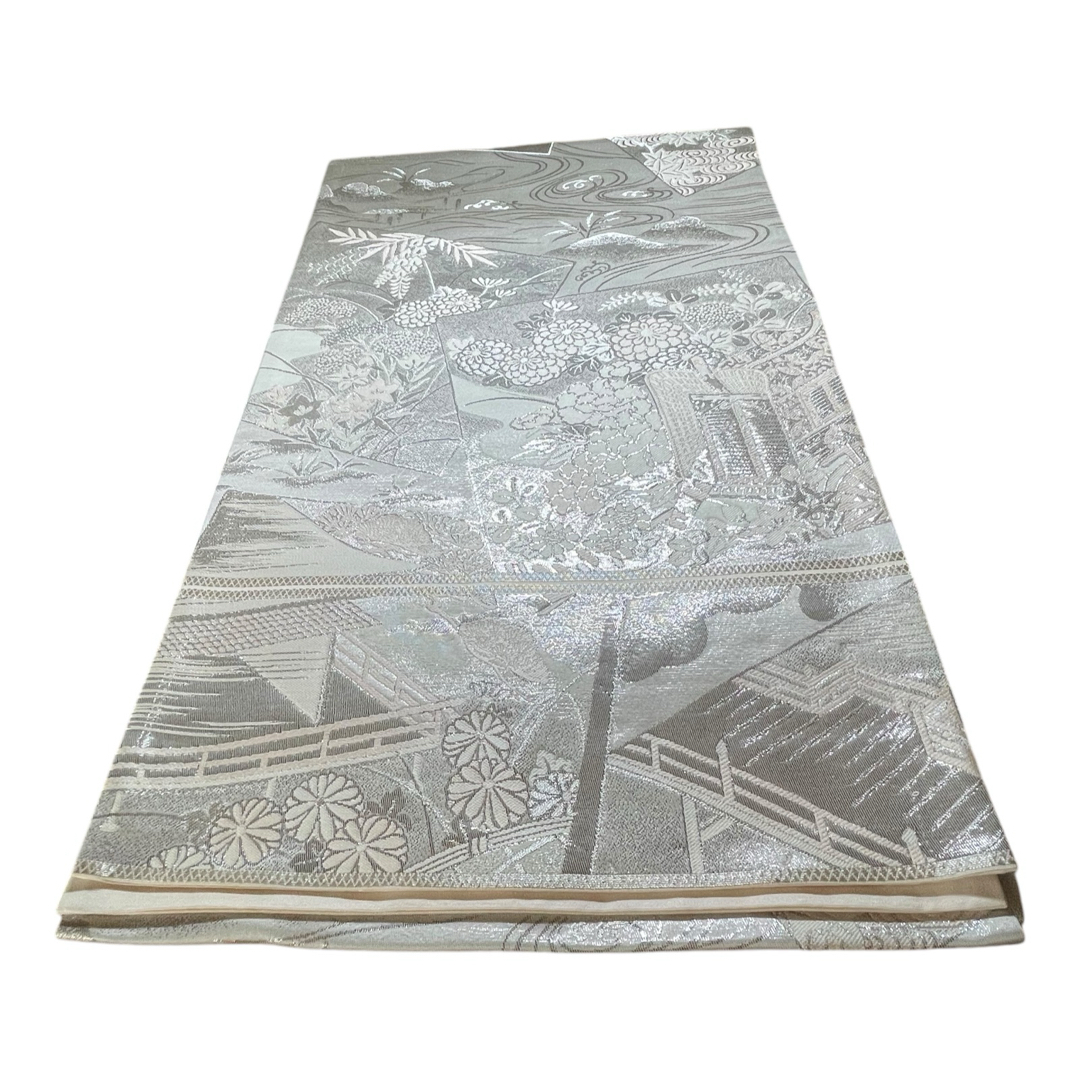 美品】 六通柄袋帯 草花流水模様 銀糸 シルバー系 黒留袖 色留袖 美品】 六通柄袋帯 草花流水模様 銀糸 シルバー系 黒留袖 色留袖
