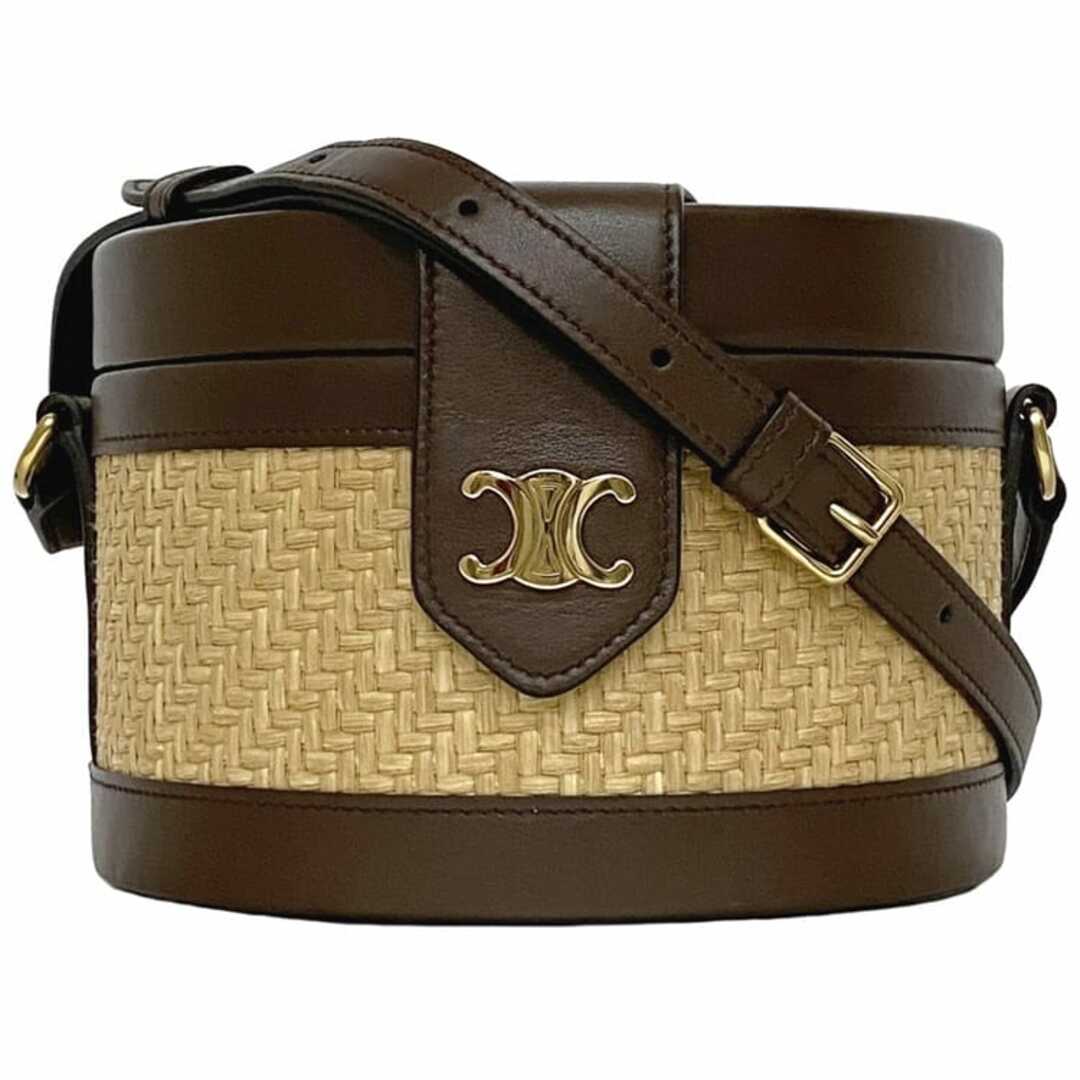 CELINE - セリーヌ タンブール ショルダーバッグ ベージュ ブラウン トリオンフ 美品 バケット ストロー レザー 中古 CELINE ロゴ 丸 筒形 ホック 人気 高級感 上品 女性 レディース お洒落 肩掛け アクセント ゴールド金具