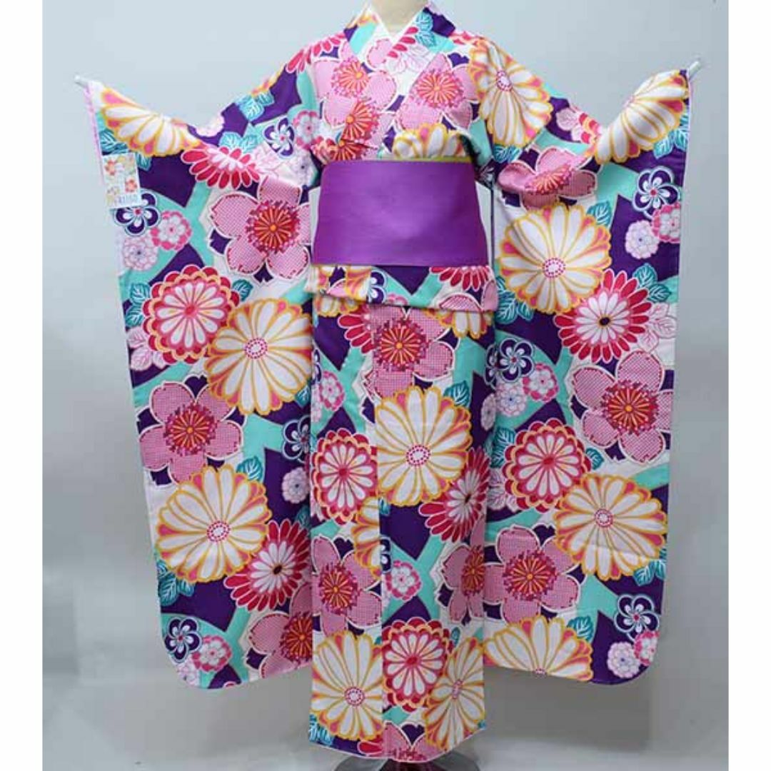 振袖 着物 単品 合繊 和遊日 エメラルドグリーン 小紋 菊 桜 NO41150 振袖 着物 単品 合繊 和遊日 エメラルドグリーン 小紋 菊 桜 NO41150