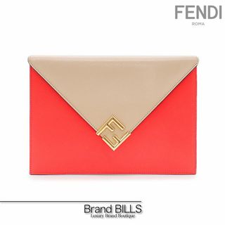 フェンディ(FENDI)の未使用品 フェンディ FF ダイアモンド フラット クラッチ 8N0152 レザー ベージュ レッド系 ゴールド金具(クラッチバッグ)