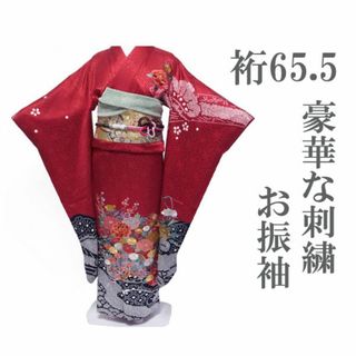 振袖 着物 襦袢 付き 赤 黒 刺繍 成人式 裄65.5 S〜M 中古 sn17 振袖 着物 襦袢 付き 赤 黒 刺繍 成人式 裄65.5 S〜M 中古 sn17