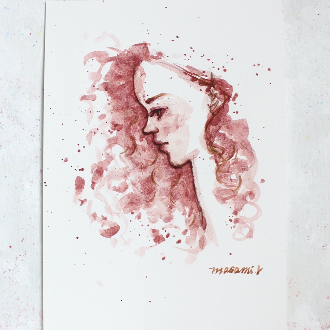 「woman,pink」水彩画 原画 B5