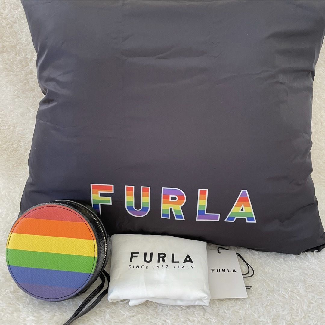 未使用】FURLA トートバッグ エコバッグ ポーチ 黒 レインボー 未使用】FURLA トートバッグ エコバッグ ポーチ 黒 レインボー