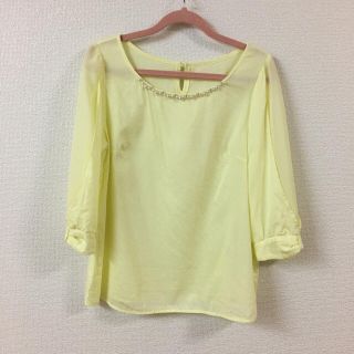 プロポーションボディドレッシング(PROPORTION BODY DRESSING)のレモンイエロー 黄色 パールビジュー 袖シフォン リボン ブラウス(シャツ/ブラウス(長袖/七分))