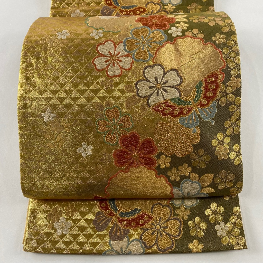 袋帯 秀品 華文 儚く 草花 箔 金銀糸 黄色 六通 正絹 【中古】 袋帯 秀品 華文 儚く 草花 箔 金銀糸 黄色 六通 正絹 【中古】