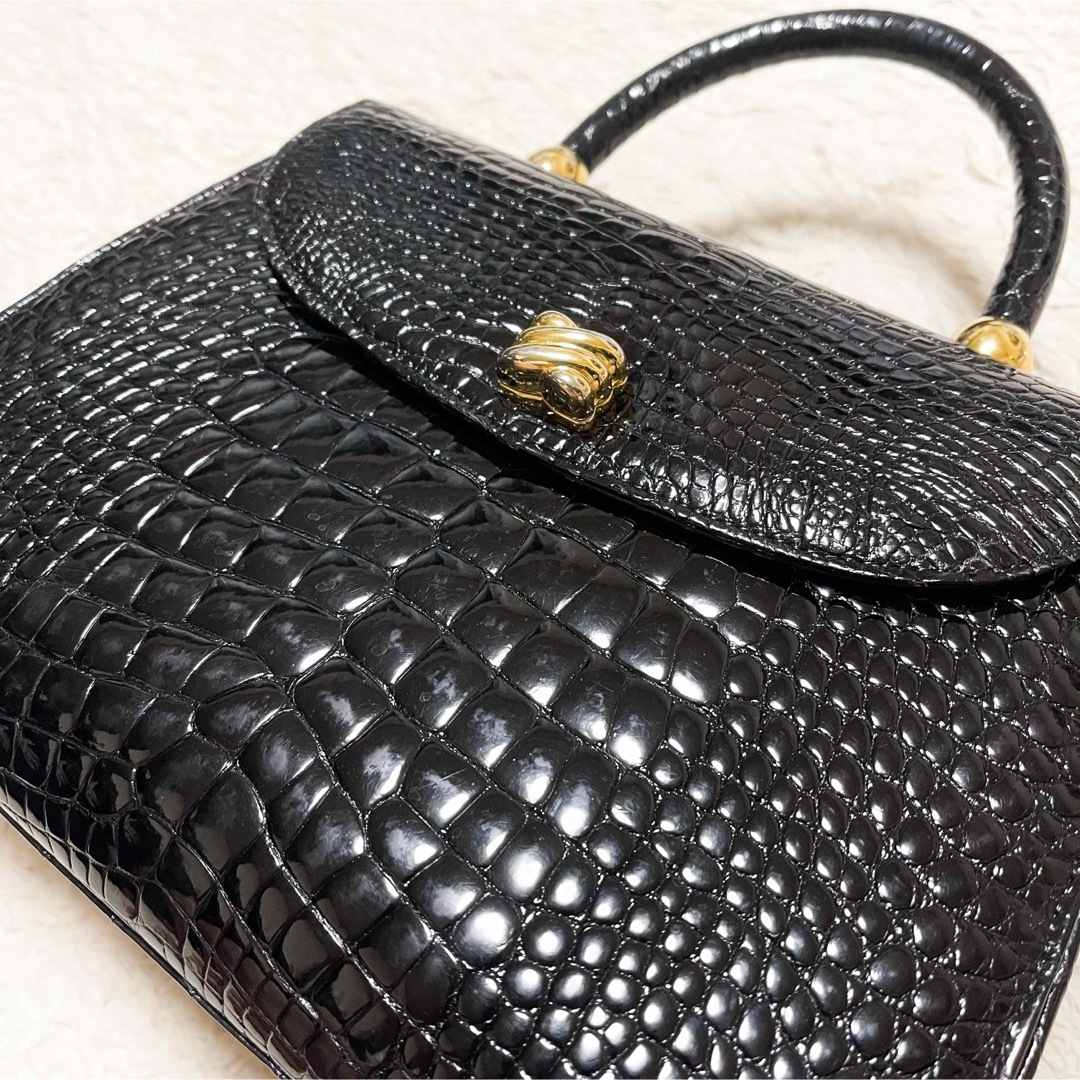 美品】シャイニングクロコ 鰐革 クロコダイル ハンドバッグ 美品】シャイニングクロコ 鰐革 クロコダイル ハンドバッグ