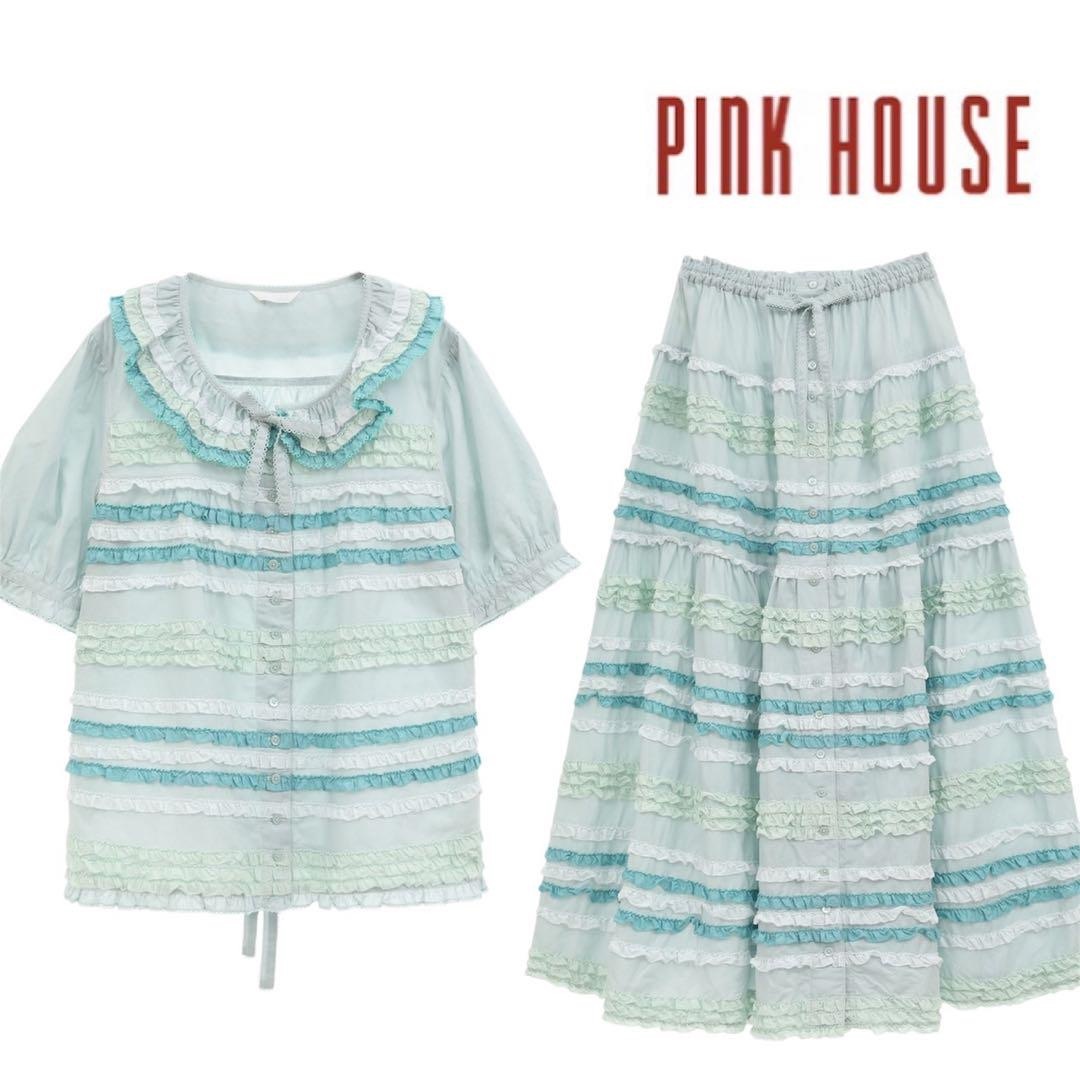 PINK HOUSE - 【美品】 ピンクハウス 配色フリルティアード スカートセットアップ ミント