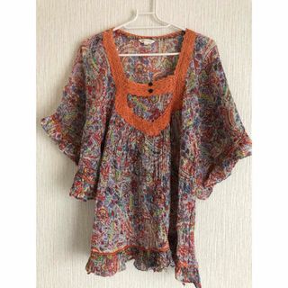 LAPENSEE M-L シフォン トップス オレンジ フリル フレア袖(チュニック)