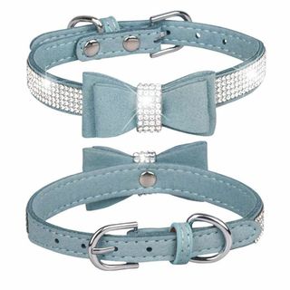 首輪　犬用　猫用　ラインストーン　リボン　ペット　水色　L(リード/首輪)