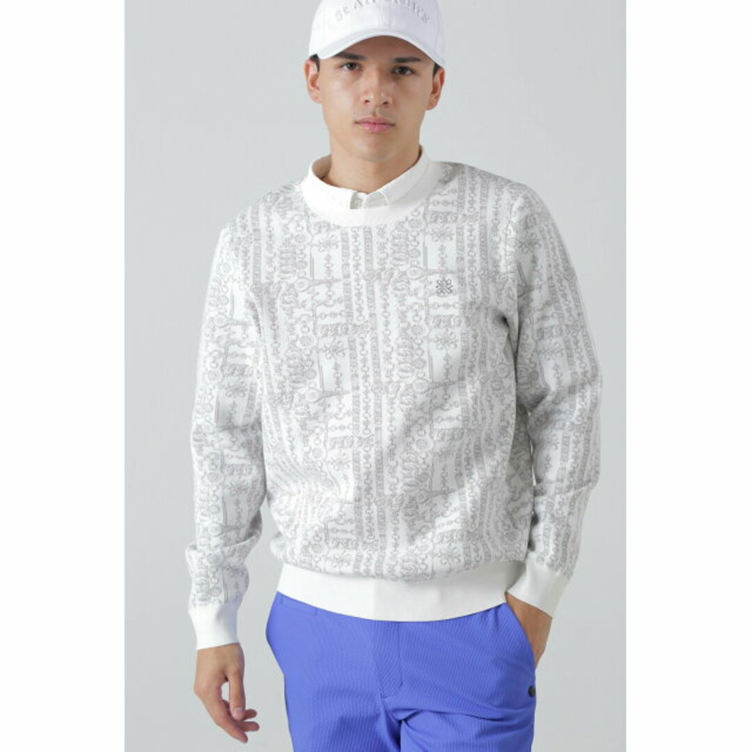 【ホワイト】バックルチェーンジャガード クルーネックニットプルオーバー (MENS)その他