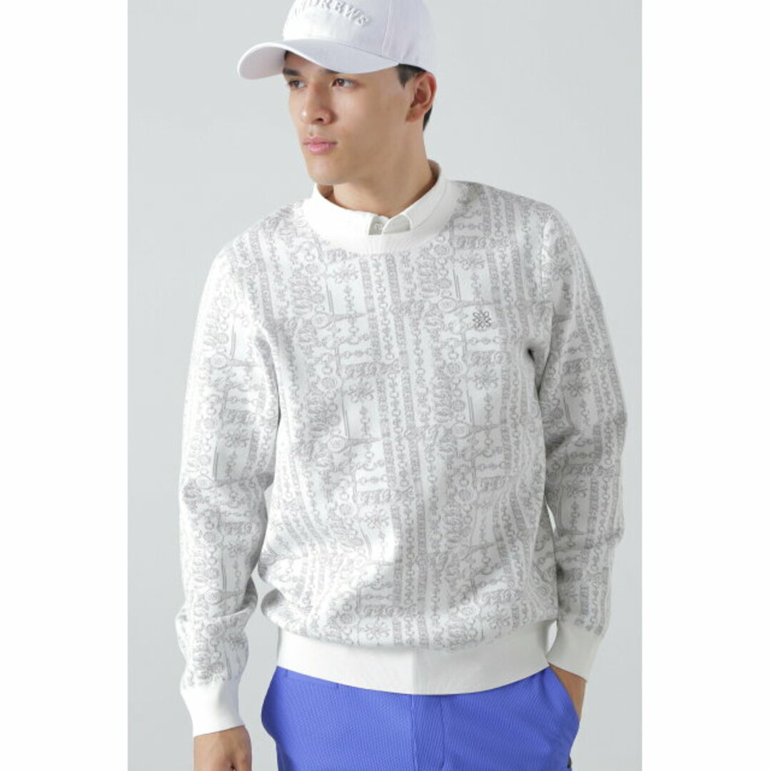 【ホワイト】バックルチェーンジャガード クルーネックニットプルオーバー (MENS)