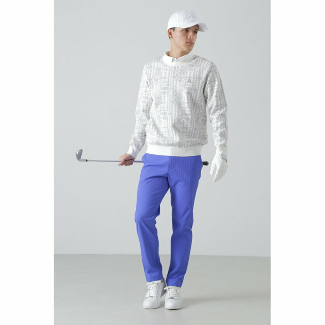 【ホワイト】バックルチェーンジャガード クルーネックニットプルオーバー (MENS)