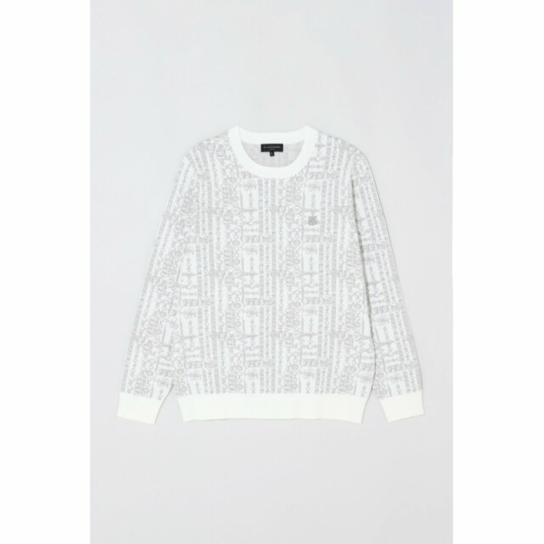 【ホワイト】バックルチェーンジャガード クルーネックニットプルオーバー (MENS)