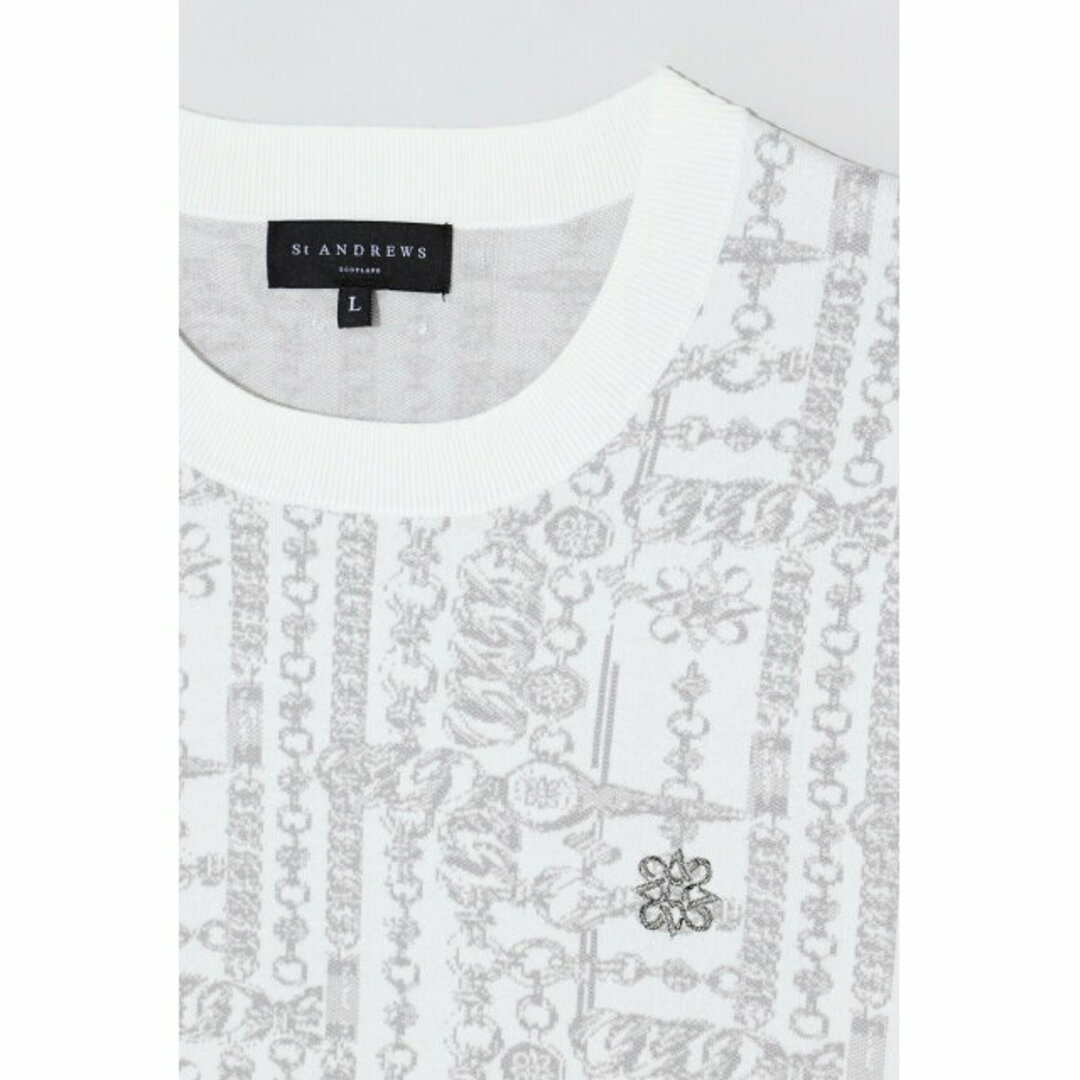 【ホワイト】バックルチェーンジャガード クルーネックニットプルオーバー (MENS)