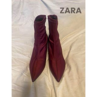 美品＞ZARA ザラ ストレッチニット ショートブーツ 太ヒール 37