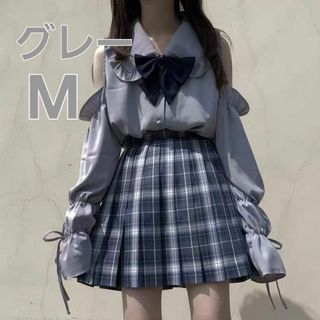 【新品】 地雷系 制服 オフショルダー ブラウス ロリータ 可愛い グレー M(シャツ/ブラウス(長袖/七分))