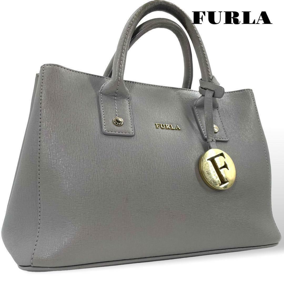 FURLA - Furla フルラ ハンドバッグ レザー グレー【中古】レディース 腕掛け ロゴチャーム 自立 サイドボタン