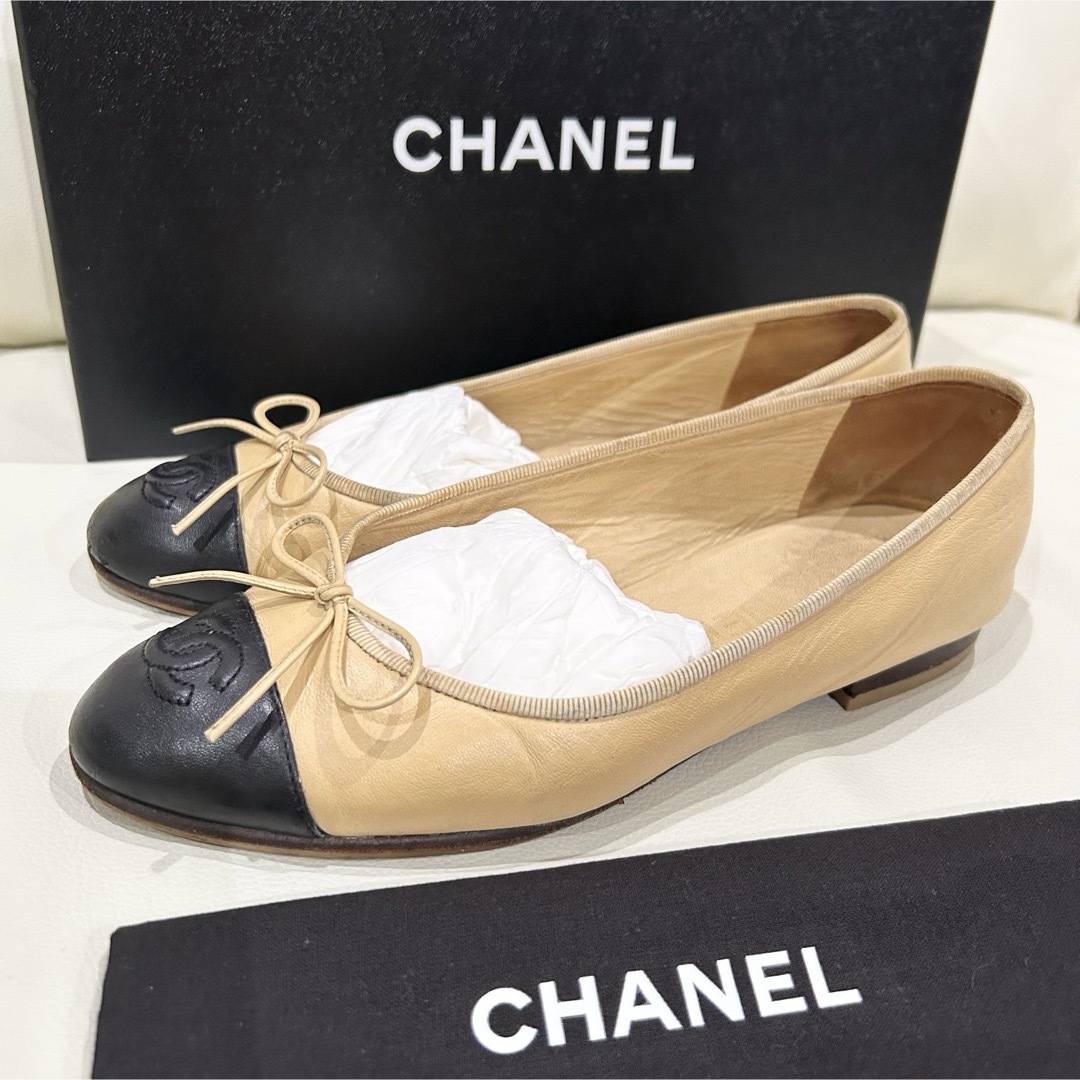 CHANEL ベージュ 黒 バレエシューズ 37 24cm バレリーナ バレエ CHANEL ベージュ 黒 バレエシューズ 37 24cm バレリーナ バレエ