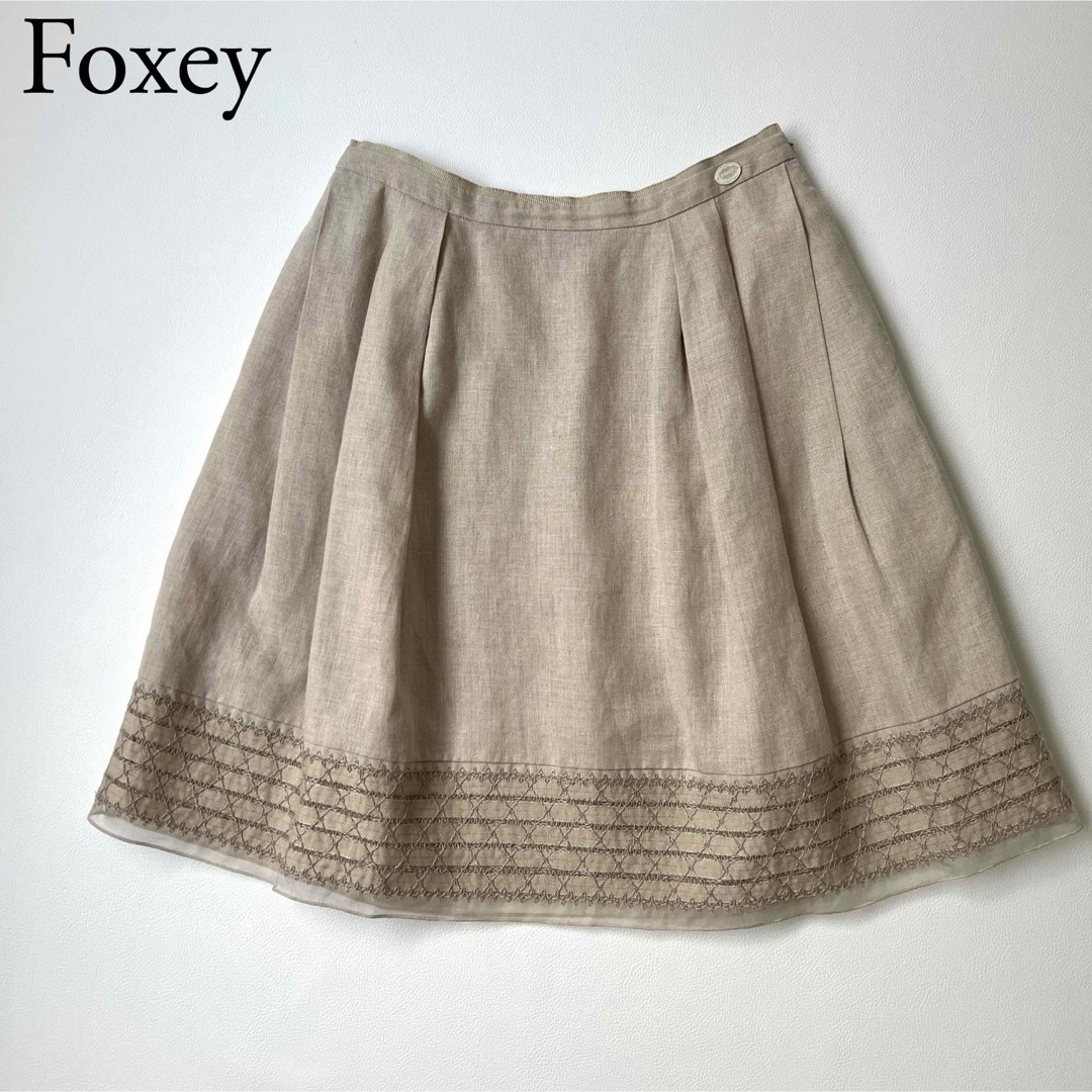 良品 Foxey フォクシー フレアスカート リネンスカート ロゴ 良品 Foxey フォクシー フレアスカート リネンスカート ロゴ