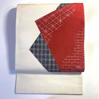 4r175 袋帯　絹　洒落帯　刺子　麻の葉模様　格子　白　赤　茶色　青　柄物(着物)