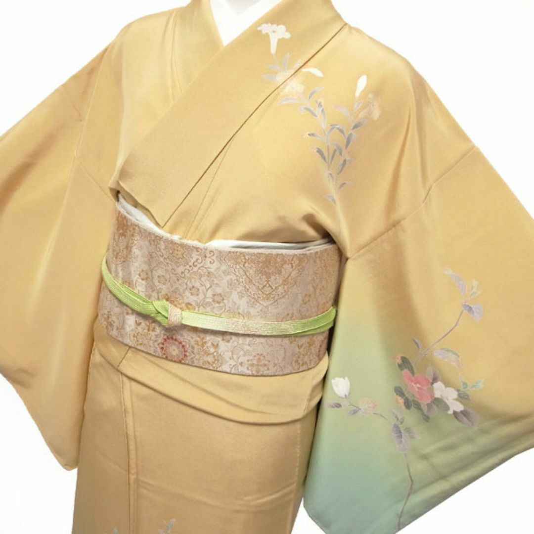 訪問着 着物 袷 手描き友禅 黄ベージュ 薄緑 裄63.5 M sn109 訪問着 着物 袷 手描き友禅 黄ベージュ 薄緑 裄63.5 M sn109